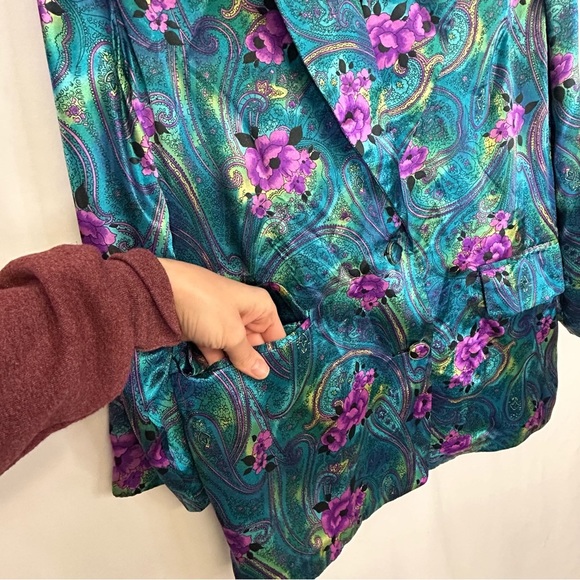 Vintage Womens Blazer Jacket Size M Single Breasted Floral Satin 80's 90's - Picture 9 of 16